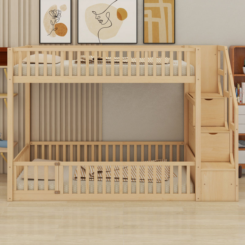 Lit superposé moderne avec solutions de rangement pour escalier, Naturel