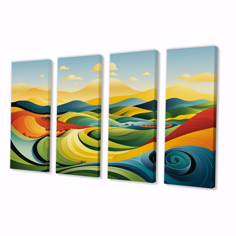 «Minimalist Multicolor Line Art Landscape III - Meadow», art mural 4 pièces, H 32 po x l 64 po