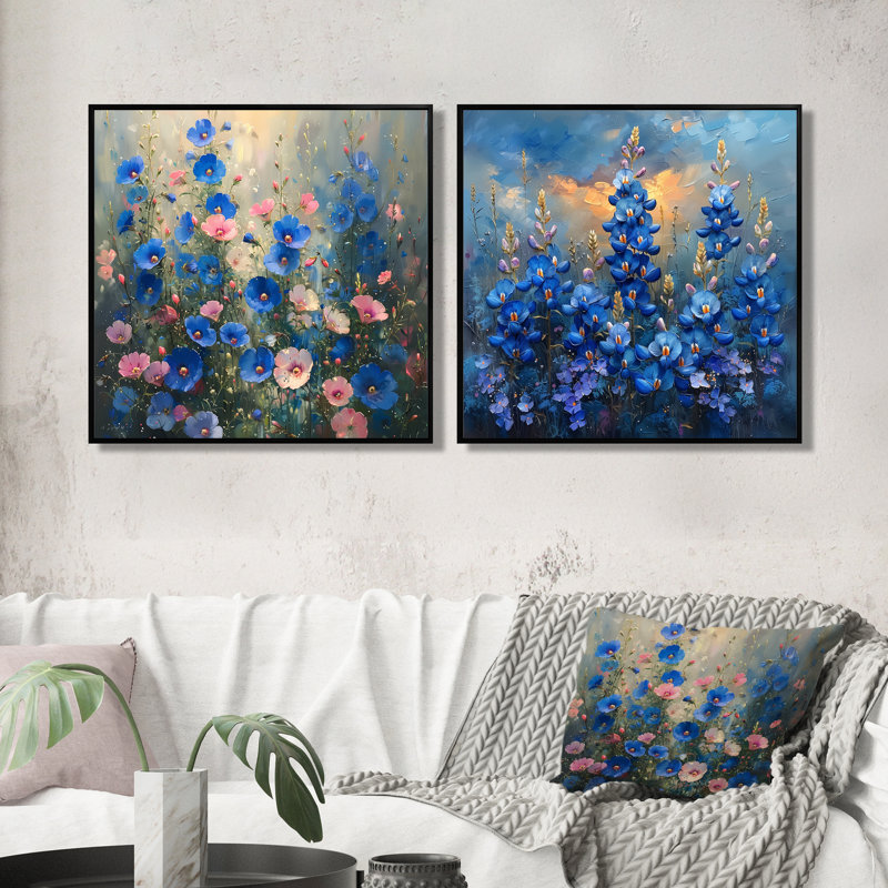 «Blue Pink Morning Magic Blue Bonnets I - Blue Bonnets Wall Art», ensemble d'art mural traditionnel 2 pièces, Noir