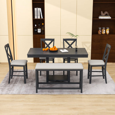 Ensemble de table de salle à manger extensible 6 pièces avec rallonge amovible, tablettes de rangement, chaises rembourrées et banc