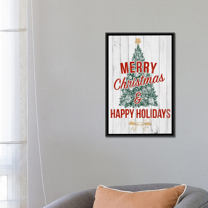 « merry christmas & happy fêtes », art textuel sur toile tendue, H 26 po x l 18 po x P 1,5 po, Toile encadrée noire