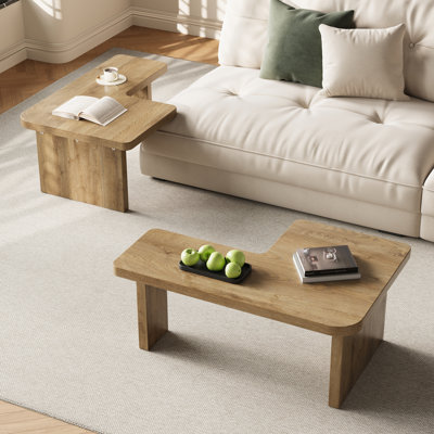 Mid Century Modern Wood Coffee table for livingroom,  free adjustable Side Table, 2 Pieces