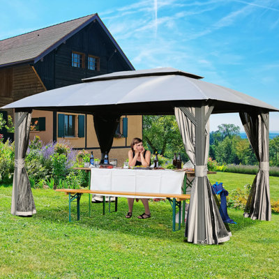 10X14ft Outdoor Gazebo - Grey. Double Roof Design, Netting. Steel Frame. Fabric. For Patio, Backyard, Lawn Canopy, Ventilation, Heavy Duty Metal . Spacious For 6-8. Deck Use