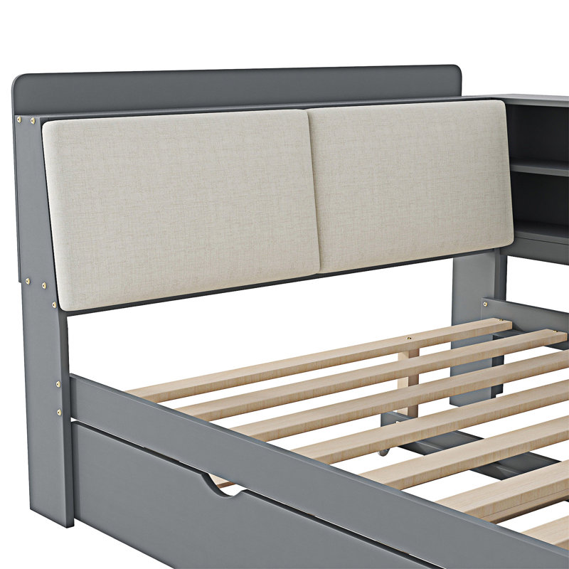 Wood Full Size Platm Bed Frame With Trundle, Shelves And Storage Headboard, Gray