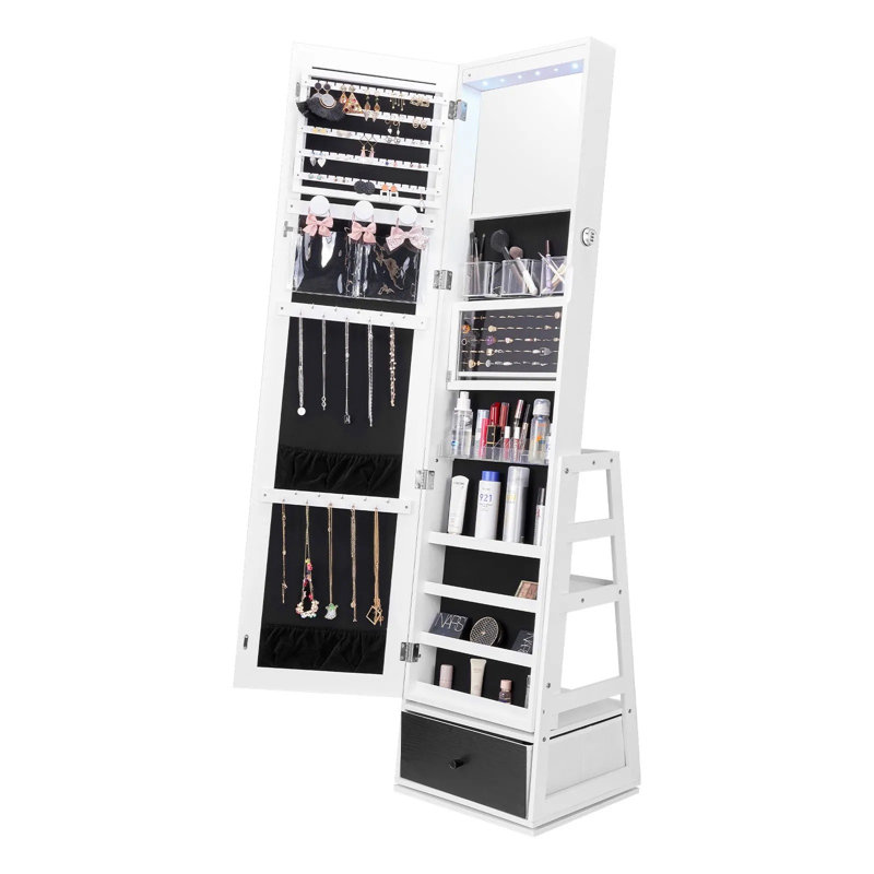 Armoire à bijoux avec miroir, miroir pivotant sur 360 ° avec rangement, organisateur de miroir de bijoux verrouillable avec miroir pleine longueur, doublure en velours, lumière DEL, tiroir, armoire à bijoux autoportante, blanc