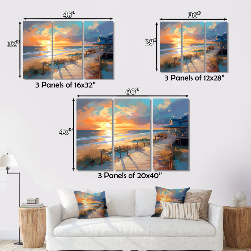 Plage, route, coucher de soleil majestueux - ensemble de reproductions d'art mural plage, H 28 po x l 36 po x P 1 po