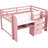 Pink Full Size Low Loft Bed With Built - In Desk, Three Storage Compartments, Open Shelves, Features And Space Utilizing Bedroom Layout Bed, Pink, Featuring Bookcase, Under Storage, Guardrail,-2110590624