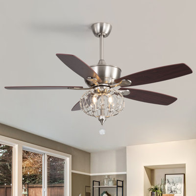 52" Ceiling Fan With Iron And Crystal Shade, Remote Control，Sand Nickel