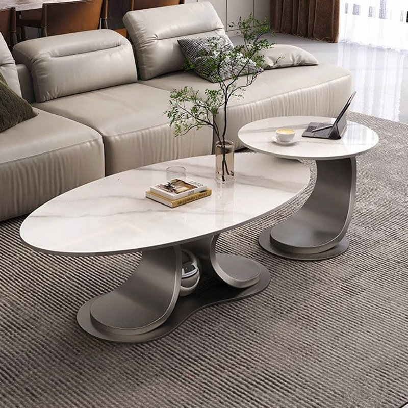 Ensemble de tables basses de luxe de style italien, H 15,7 po x L 51,2 po x l 27,6 po, Blanc, Gris