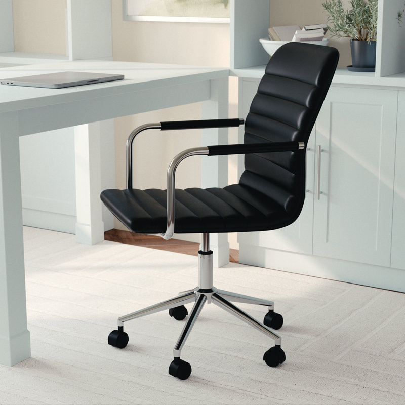 Hargrove Taytum Mid-Back Swivel Faux Leather Desk Chair with Padded Seat and Arms by Martha Stewart, Black, Polished Nickel