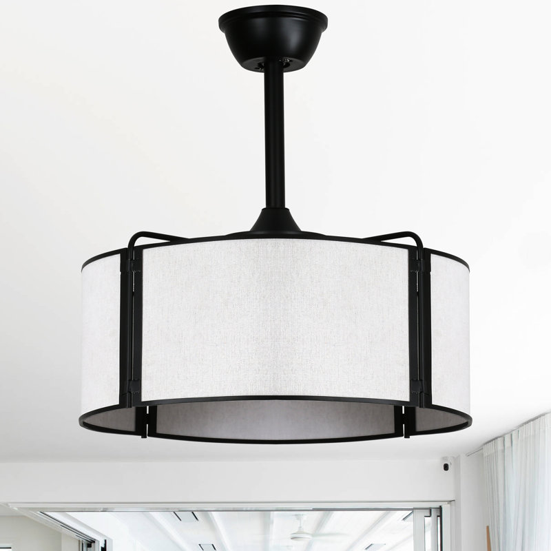 19.3" Modern Indoor Caged Ceiling Fan with Light Kit and Remote Control, Black 7-Blade Ceiling Fan with Fabric Shade for Bedroom