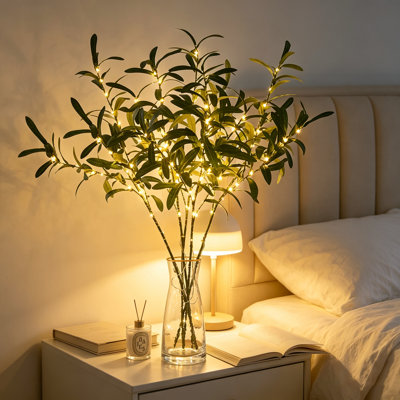 5 Pcs Lighted Artificial Olive Branch with Warm LED Lights, 28" Faux Olive Stems for Vase Arrangement Home Wedding Decor(Battery NOT Included)