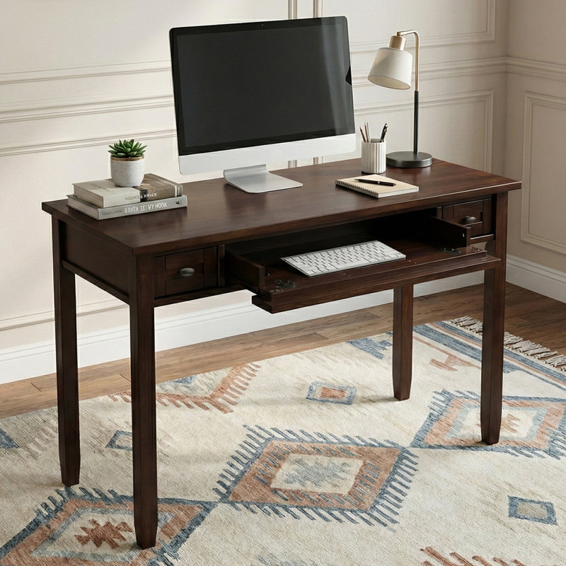 Warm Shaker 48"W Solid Wood Transitional Writing Desk with Flip-Down Keyboard Tray and 2 Drawers, Tobacco Brown