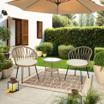 Ensemble de conversation d'extérieur Verdiva avec 2 chaises en rotin et table en verre