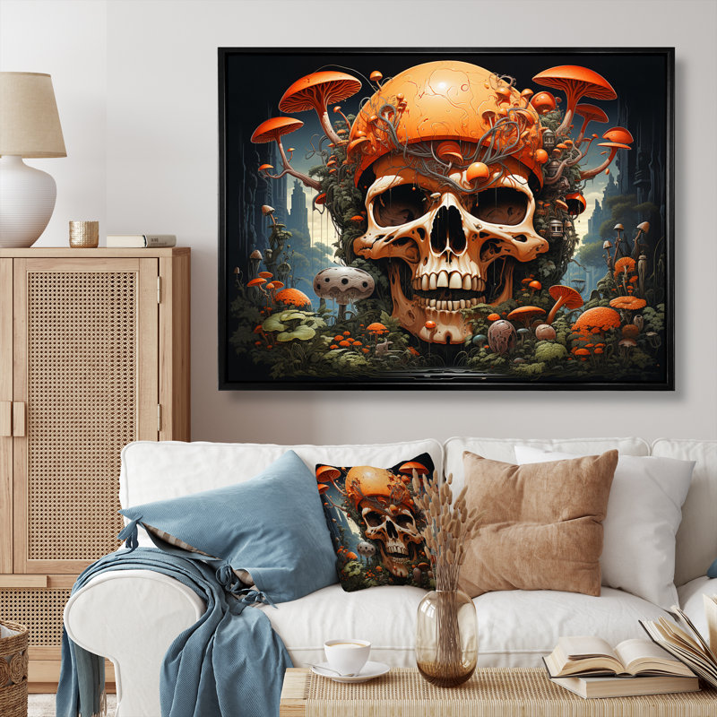 Tête de mort souriante, champignons orange, impression d'Halloween, Gold Picture Framed, 16" H x 32" W