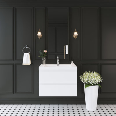 Meuble-lavabo flottant de 30 po, conception minimaliste moderne, surface solide, blanc brillant, tiroirs à fermeture en douceur pour un fouillis - et fonctionnel