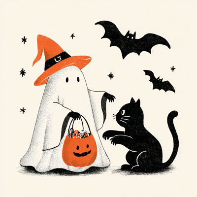 Ghost and Cat Trick-or-Treat Halloween Wrapped Canvas Wall Art