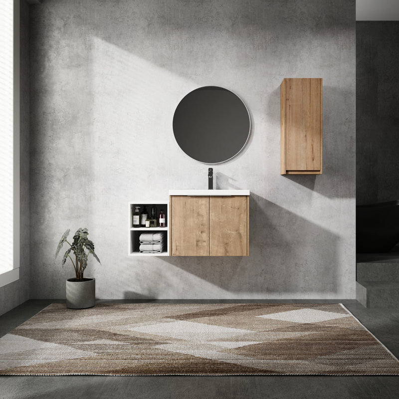 Meuble-lavabo de salle de bain avec lavabo en résine et compartiment latéral - Finition facile à assembler