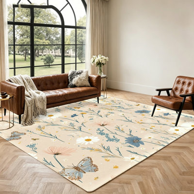 Vintage Floral Butterfly Area Rug, Botanical Garden Design, Soft Plush Non-Slip Washable, Indoor Floor Mat for Living Room, Bedroom, Entryway, Home Office and Dining Spaces