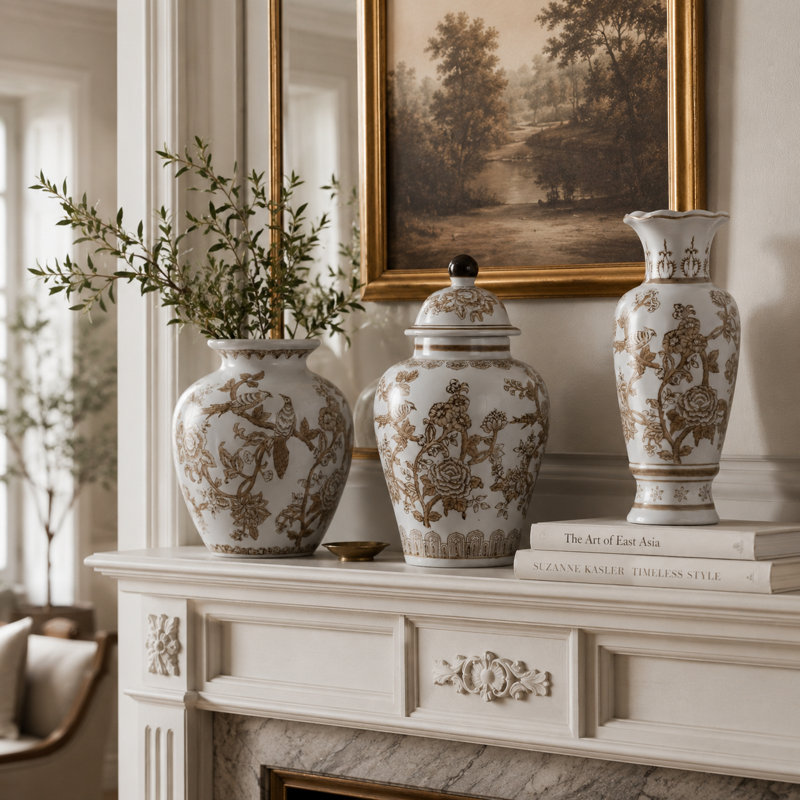 Hand-Painted Decorative Chinoiserie Vase Collection for Home Decor - Ceramic Ginger Jar, Floral Vase & Tall Table Vase - Modern Classic Centerpiece Set for Living Room, Dining Room - Set of 3, White & Brown