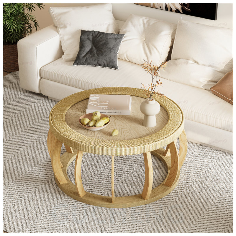 Vintage Rattan Solid Wood Round Coffee Table, Curved Legs Boho Accent for Dining and Living Rooms, Natural
