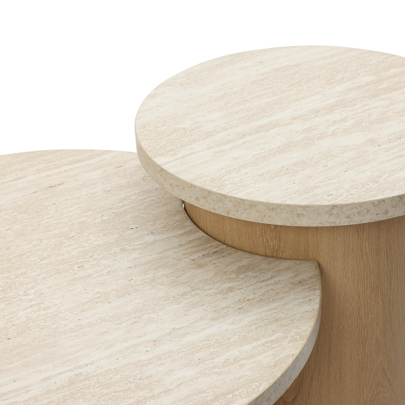Round Nesting Coffee Table with Faux Travertine Top Set of 2