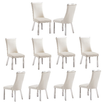 Chaises de salle à manger en velours blanc avec pattes et bordure supérieure en acier inoxydable argenté miroir, lot de 2
