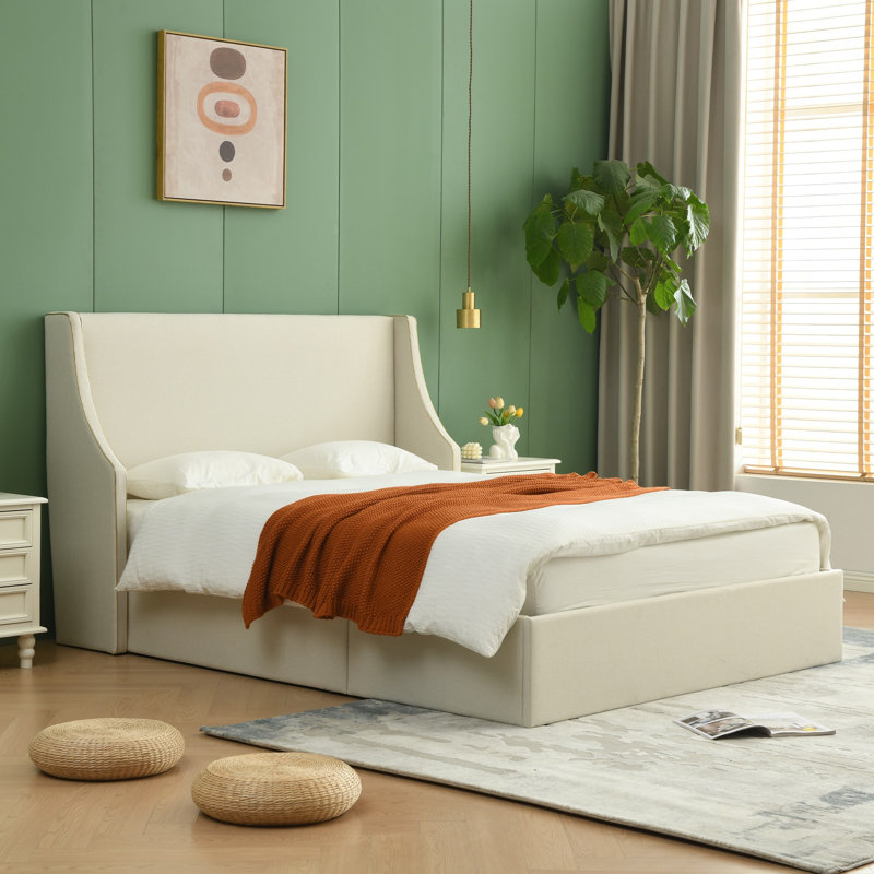 Lit plateforme tapissier avec rangement Linvel, Grand, Mélange de lin blanc