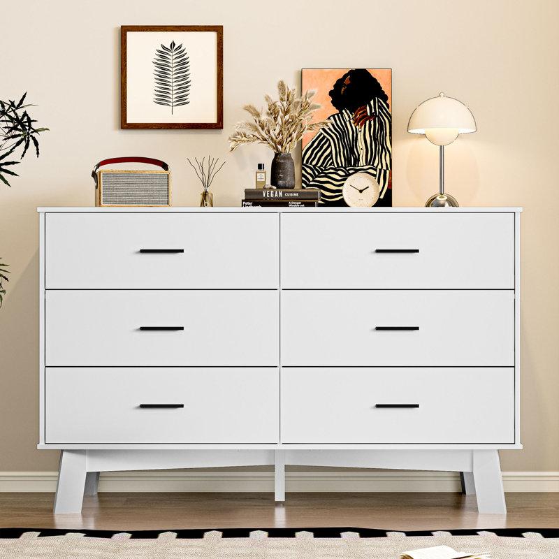 6 -Drawer Double Dresser 47.24''W, Chest Of Drawers With Adjustable Base For Bedroom, Living Room, White