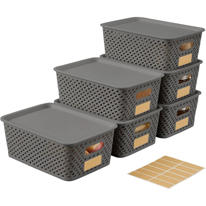 Small Plastic Twill Woven Storage Baskets With Lids, Stackable Organizing Containers With Labels For Pantry Closet Office, 6-Pack,10.35"X7.3"X4.09", Grey