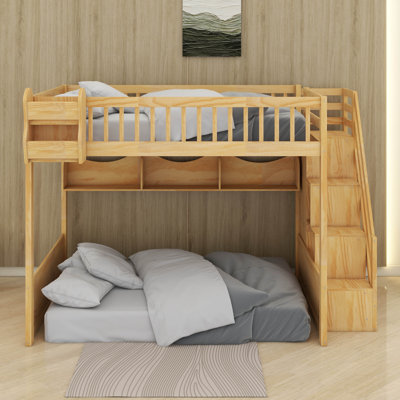 Queen Size Wood Loft Bed Frame With Staircase,Storage Shelves & Wardrobe