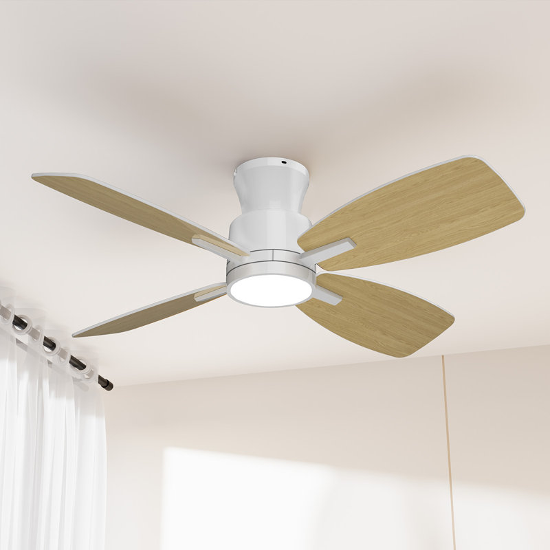 Ventilateur de plafond 42 pouces avec lumière et télécommande, Blanc avec pales en bois beige