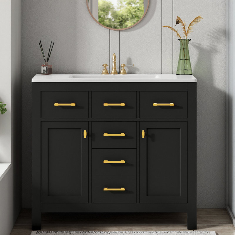 Ensemble de meuble-lavabo moderne 36 po avec lavabo en céramique, 4 tiroirs et 2 armoires à fermeture douce - solution de rangement à cadre en bois massif