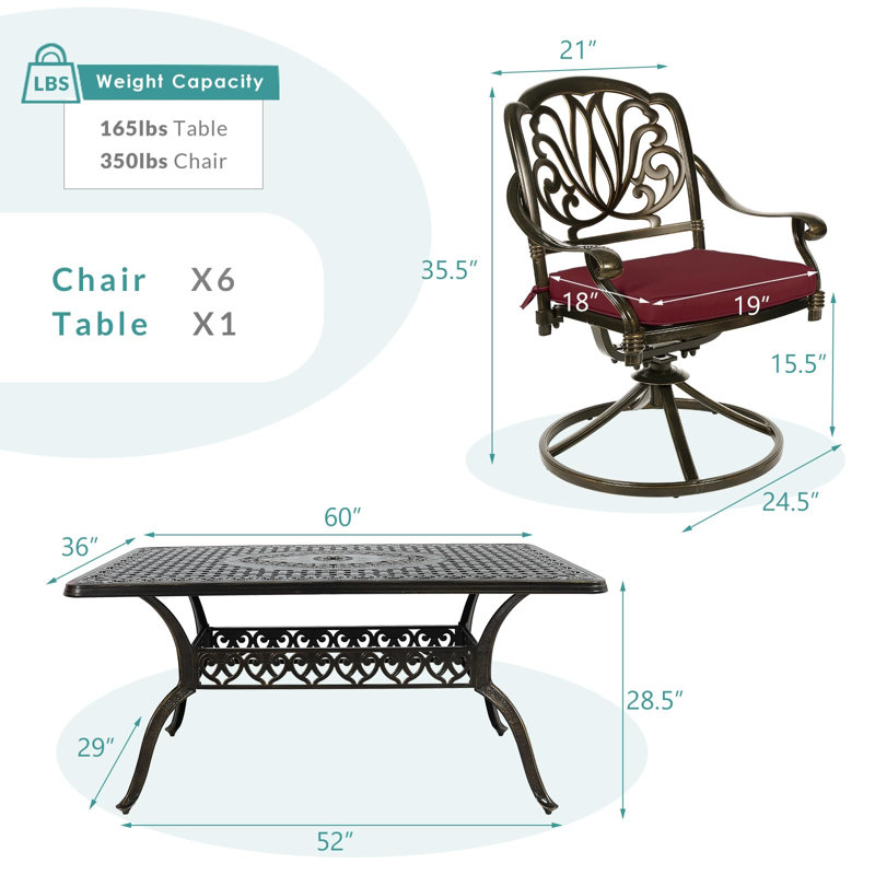6 - Person Patio Dining Set with Rectangular Table , Cushions Included, Chili Red