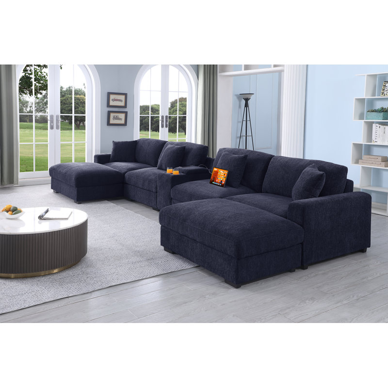 7 Piece Upholstered U-shape Sectional with Cup Holders & Charging & Storage, Dark Blue Polyester