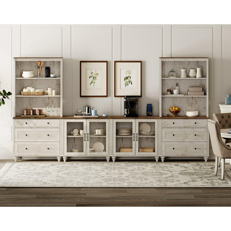 Sideboard Cabinet With Bar Hutch, Buffet Cabinet With 4 Glass Doors, 6 Drawers And 3 Tier Shelves, 135'', Rustic White