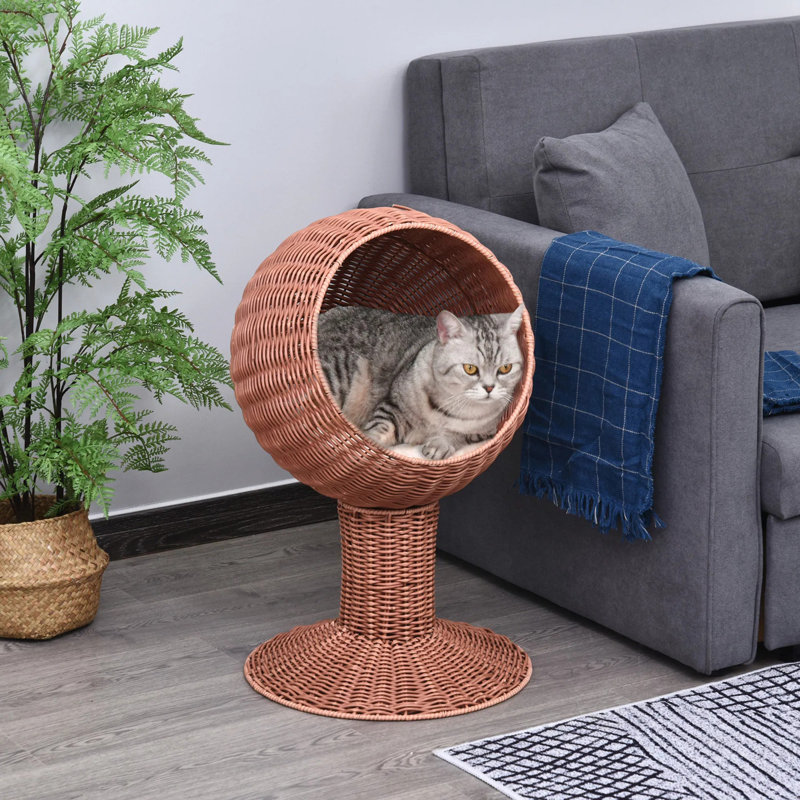 Lit surélevé pour chat, nacelle pivotante avec coussin épais, nid d'herbe tissé à la main pour chats d'intérieur, Brun