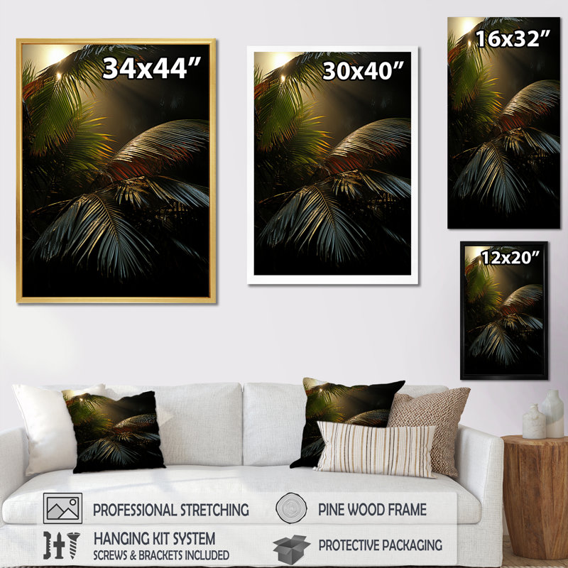 Impression sur toile, sépia, sérénité, palmiers et palmiers, Cadre simple noir, H 40 po x l 30 po x P 1,5 po