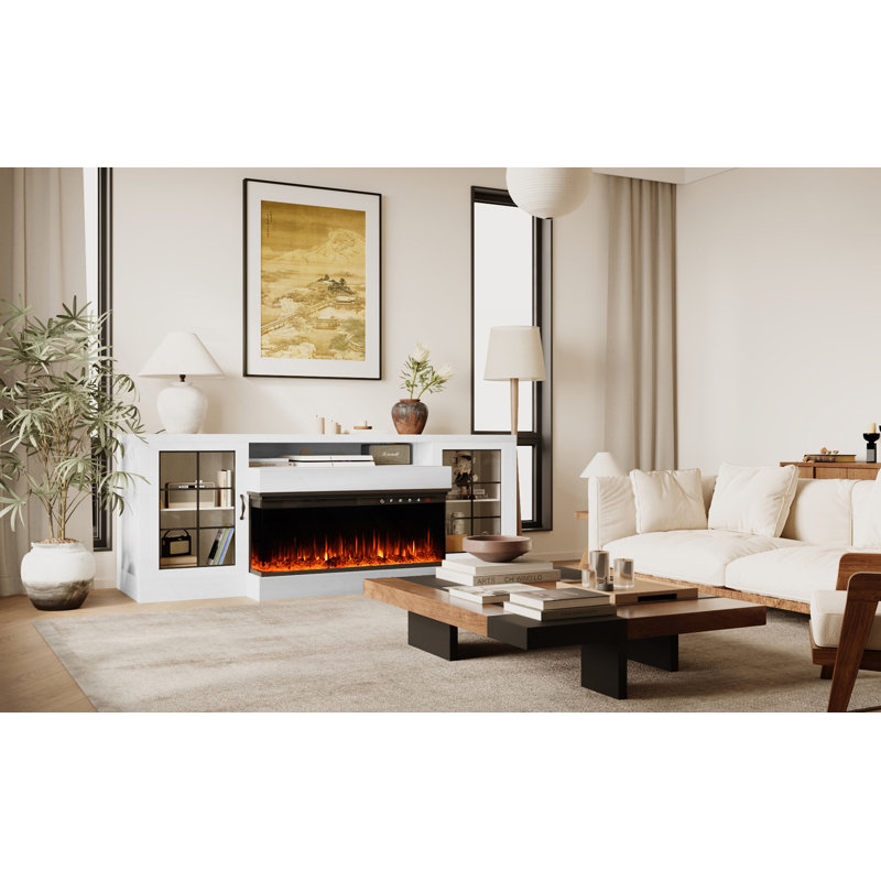 3-Sided Farmhouse TV Stand, Entertainment Center With Glass Door, Only Tv Stand(Fireplace Not Include), Ancient White