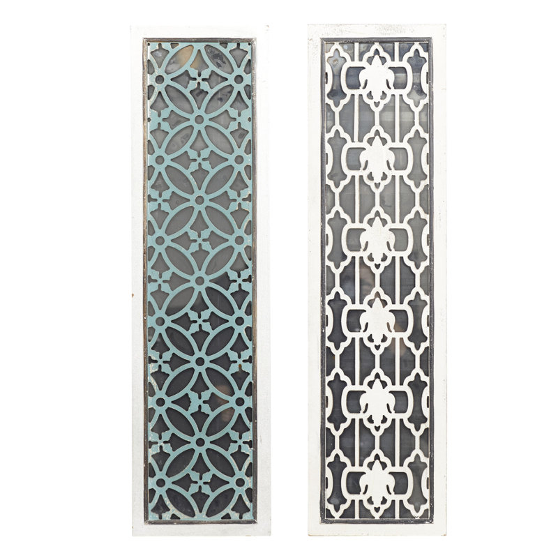 White and Blue Geometric Carved MDF Full Length Mirror Set