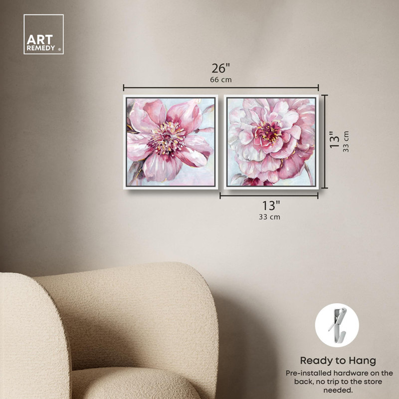 «Blush Pink Floral Art», ensemble de 2 impressions sur toile par , H 13 po x l 13 po, Blanc