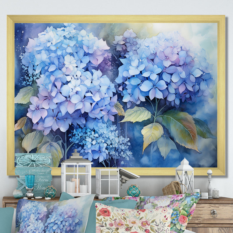 «Blue Hydrangea Farmhouse Still Life I - Hydrangea», art mural, H 16 po x l 32 po x P 1 po, Cadre doré simple
