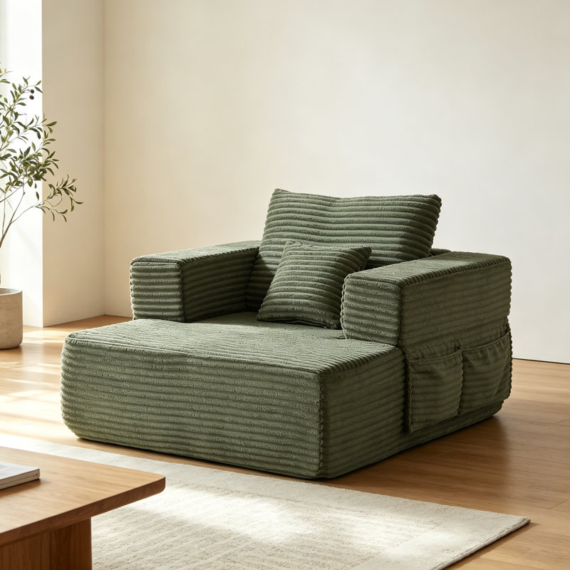 Fauteuil inclinable une place en velours côtelé vert, fauteuil lounge modulaire de 159 cm avec rangement intégré dans l'accoudoir, coussin décoratif, mousse haute densité pour une utilisation intérieure polyvalente