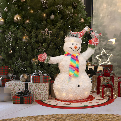 3Ft Lighted Snowman Outdoor Holiday Decoration with White Tinsel Frosted Finish & Bird