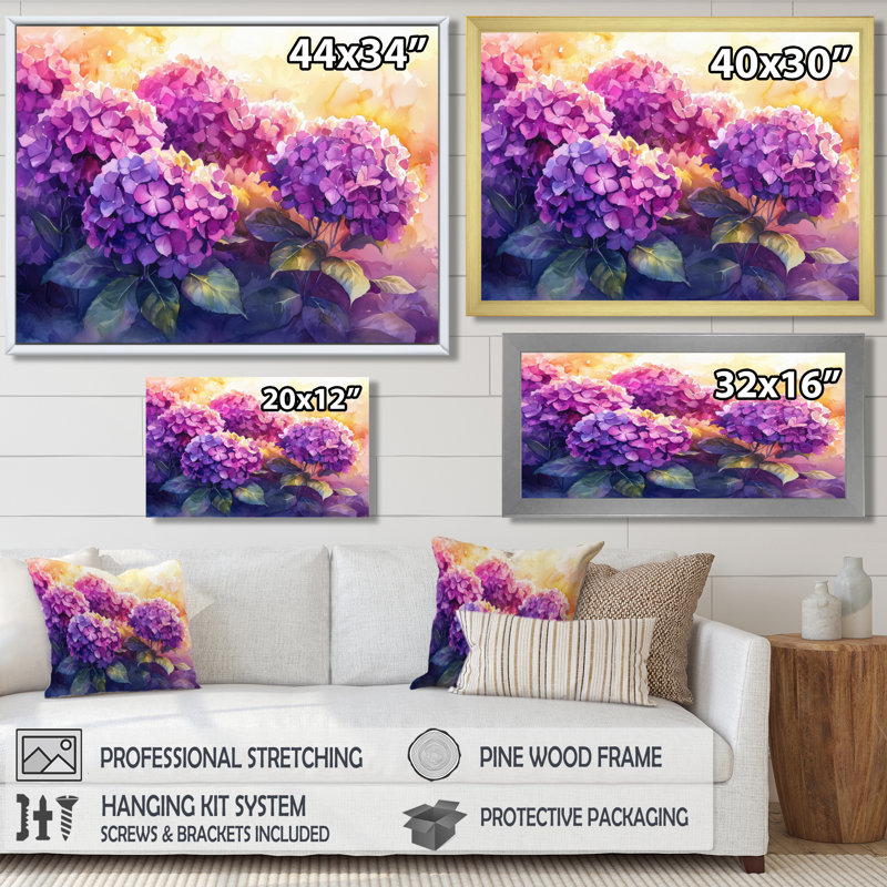 Hydrangeas in the Sunset Glow V - Hydrangea Wall Art for Living Room, Impression d'un seul cadre photo sans passe-partou