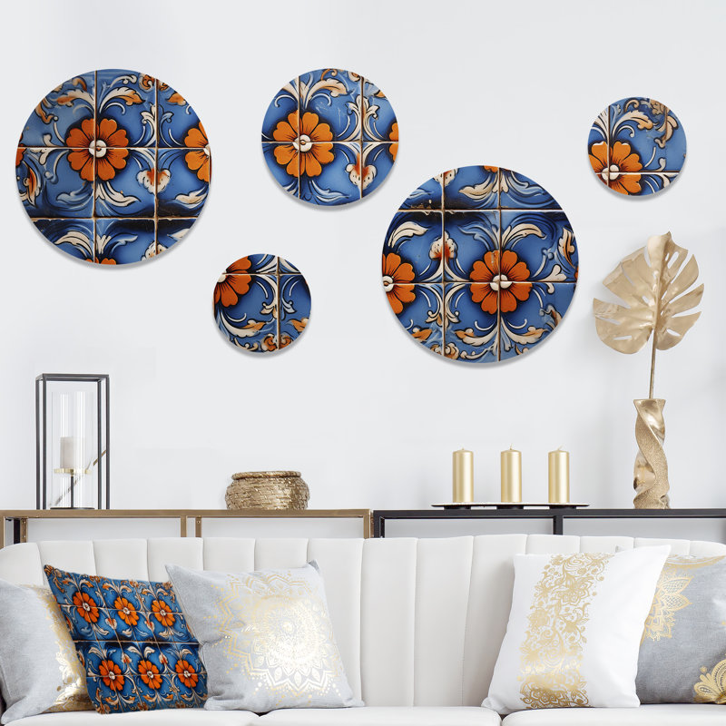 Floral bohème bleu et orange mosaïque 3 - Boho mosaïque ronde art mural ensemble de 5