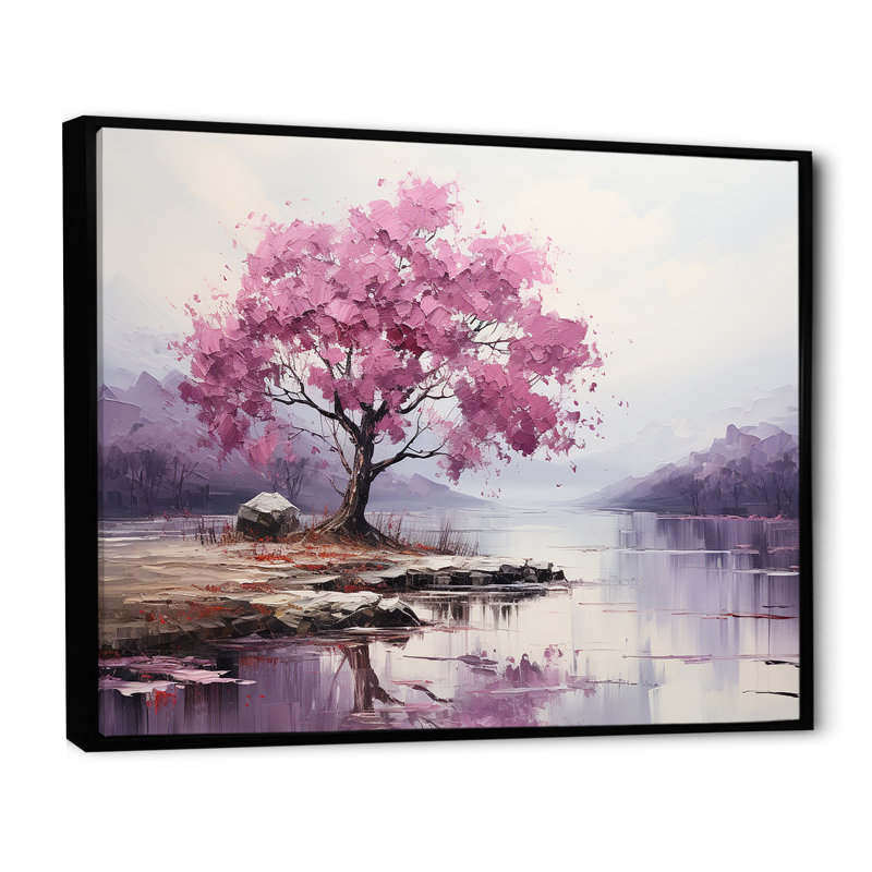Fleur de cerisier mauve au bord du lac II - Art mural cerisier en fleurs, H 34 po x l 44 po x P 1,5 po, Cadre flottant noir