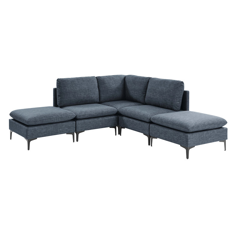 Canapé modulaire en lin rembourré avec pieds en métal, Lin bleu foncé