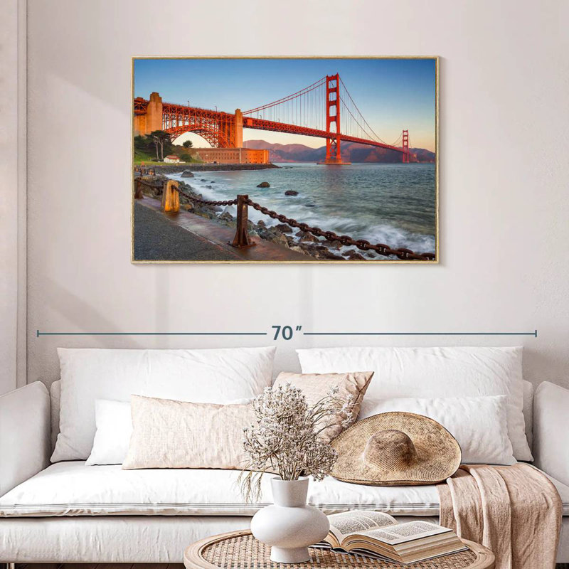 Golden Gate Bridge Waters, Cadre flottant en bois naturel, 43 po x 29 po