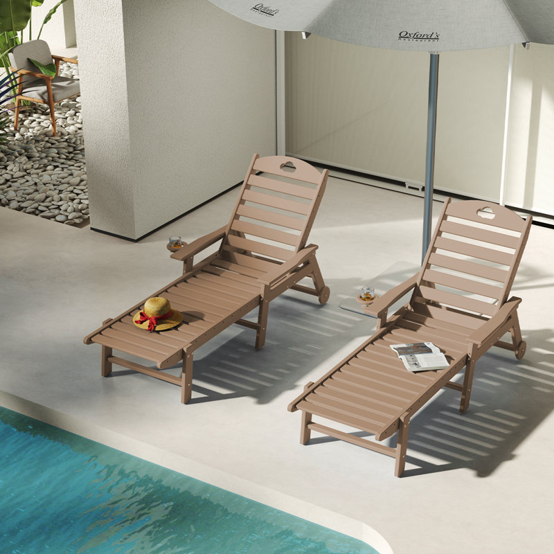 Outdoor Lounge Chair with Cup Holder, Outdoor Chaise Lounge with 6-Position Adjustable Backrest, HDPE Lounge Chair for Poolside, Patio, Deck & Backyard, Chaise Lounge with Wheels